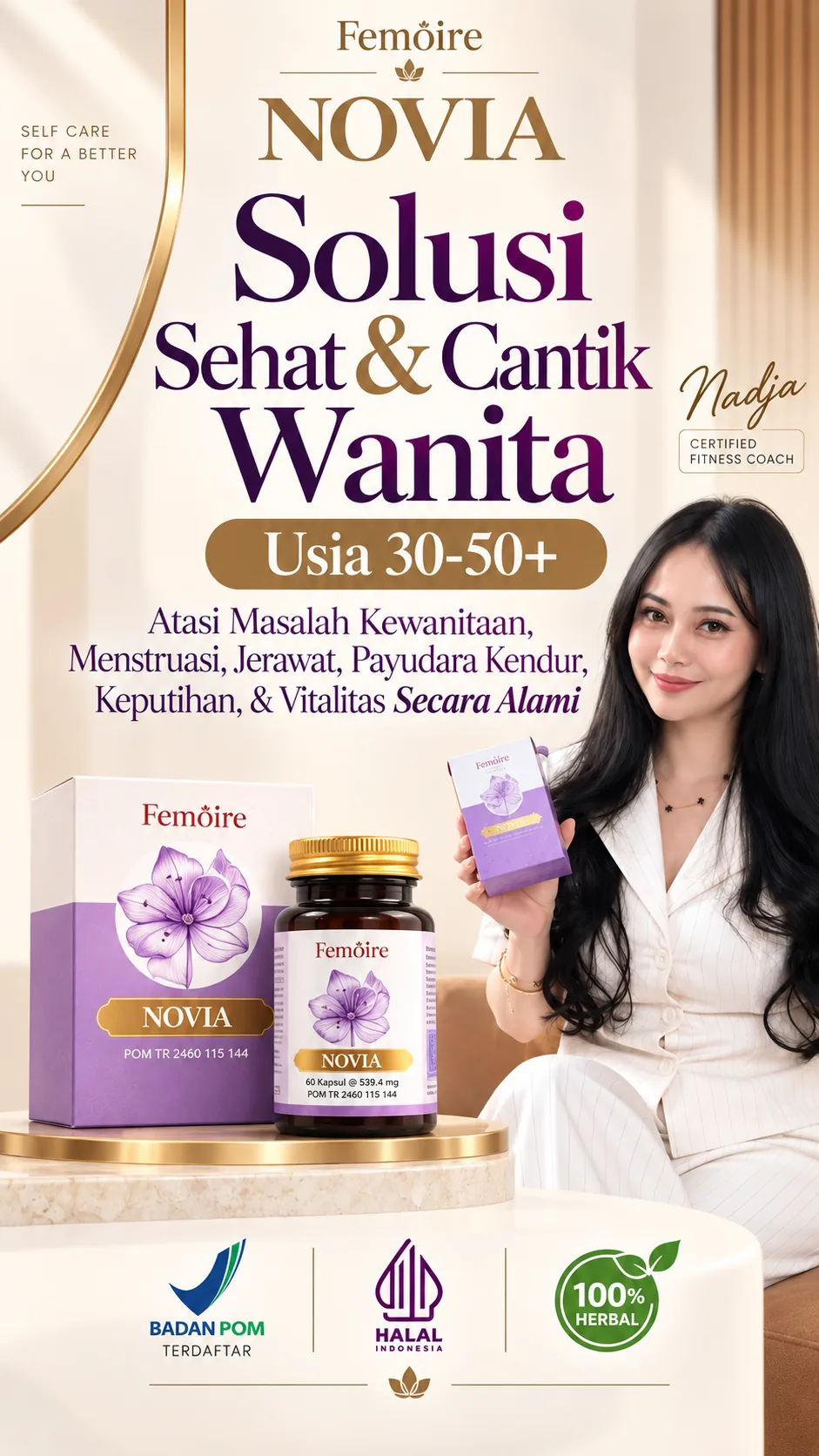 NOVIA by Femôire — Solusi Sehat & Cantik Wanita Usia 30-50+. Terdaftar BPOM, Halal, 100% Herbal.