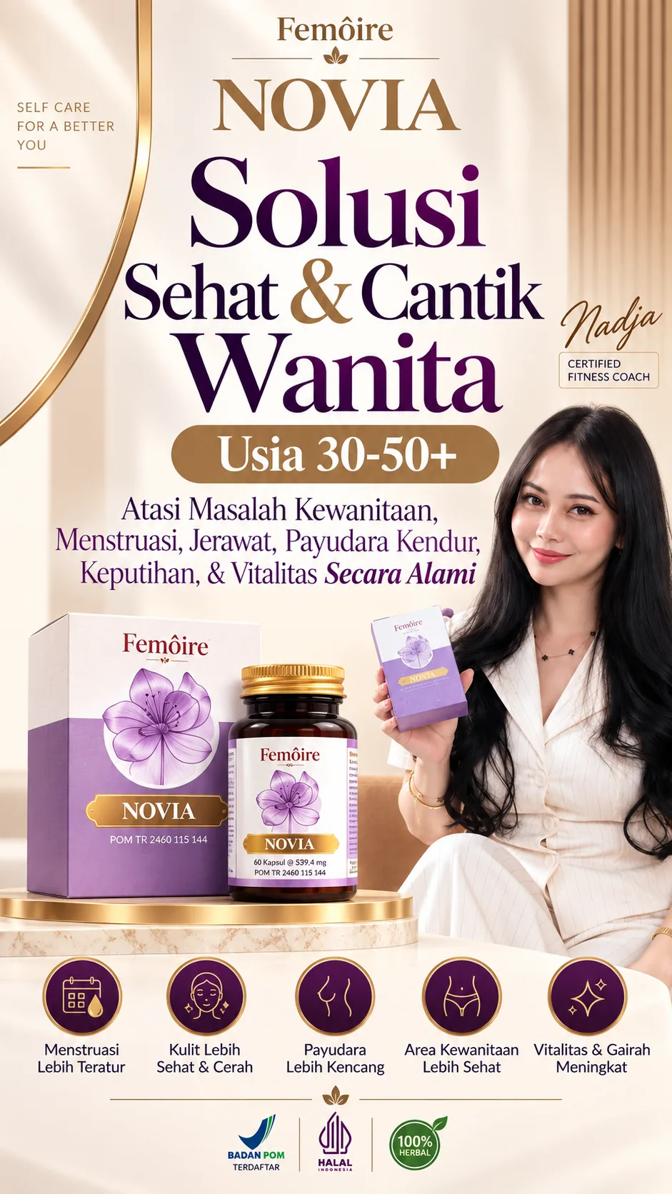 NOVIA by Femôire — Solusi Sehat & Cantik Wanita Usia 30-50+. Terdaftar BPOM, Halal, 100% Herbal.