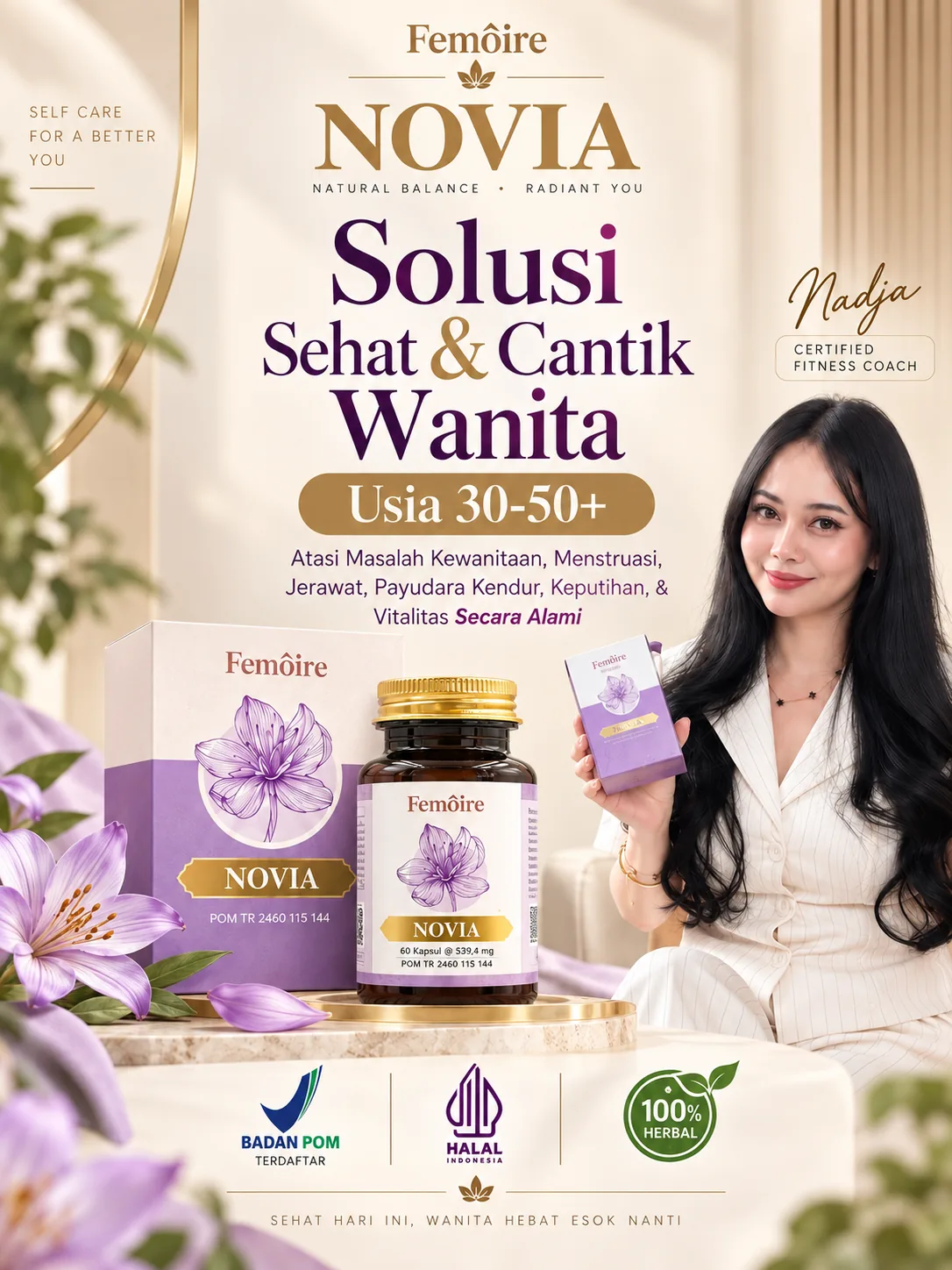 NOVIA by Femôire — Solusi Sehat & Cantik Wanita Usia 30-50+. Terdaftar BPOM, Halal, 100% Herbal.